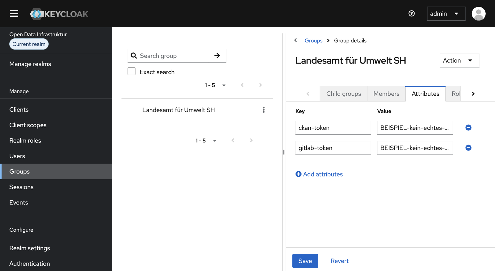 Tab „Attributes“ der Gruppe mit den Attributen ckan-token und gitlab-token