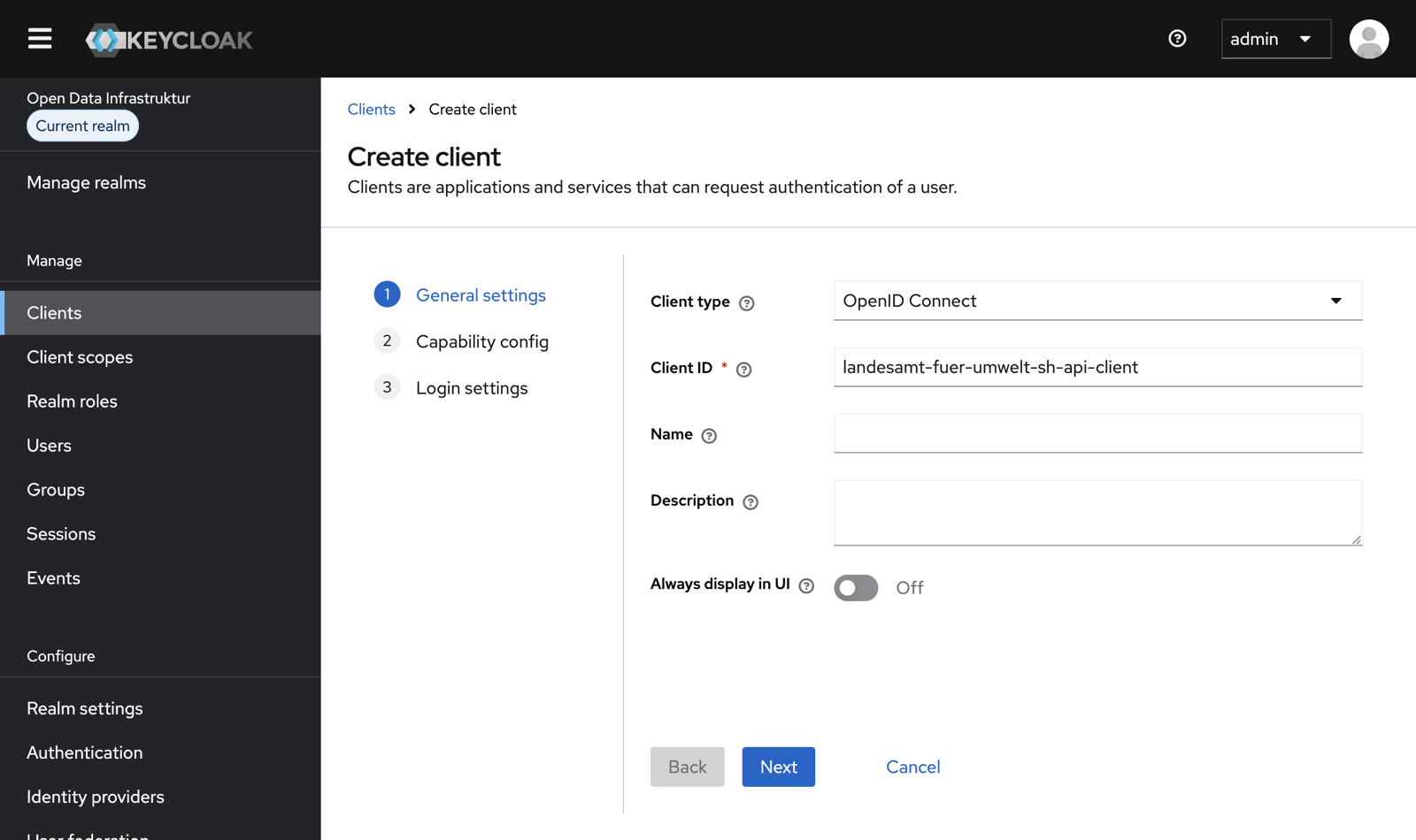 Schritt „General settings“ beim Anlegen eines Clients mit ausgefüllter Client ID