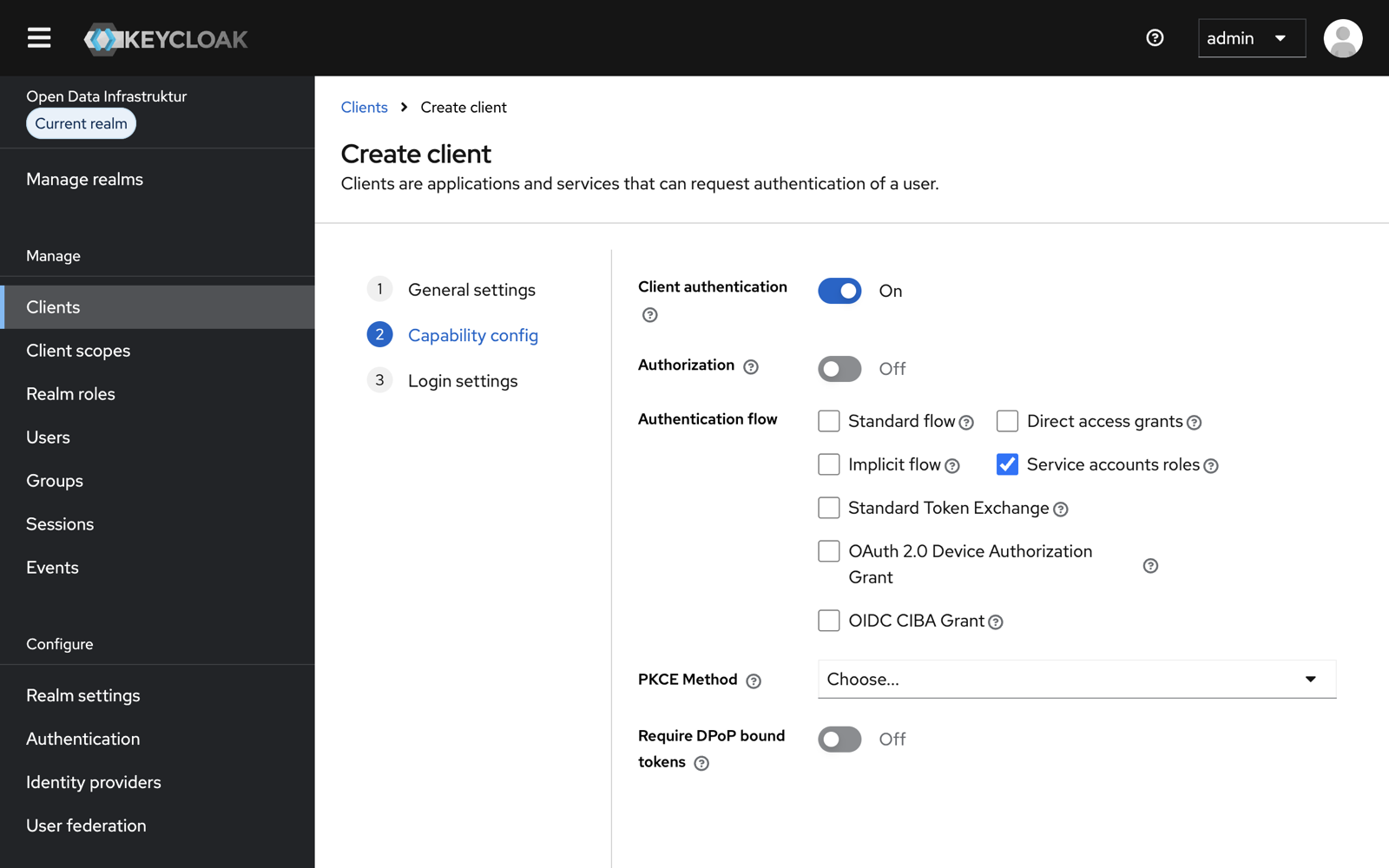 Schritt „Capability config“ mit eingeschalteter Client authentication und aktivierten Service accounts roles
