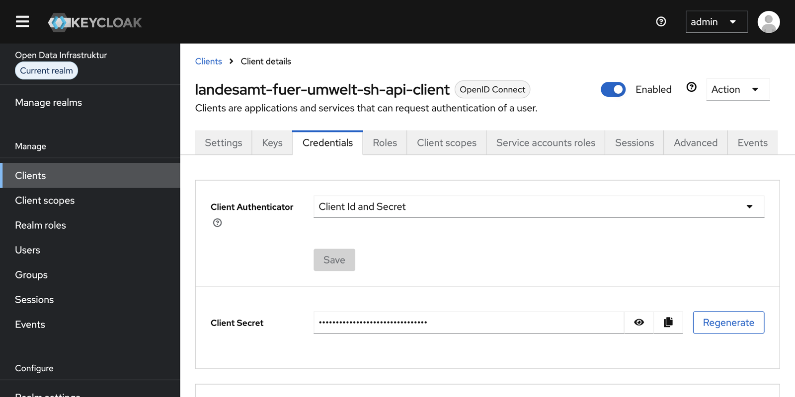 Tab „Credentials“ eines Clients mit dem verdeckten Client Secret