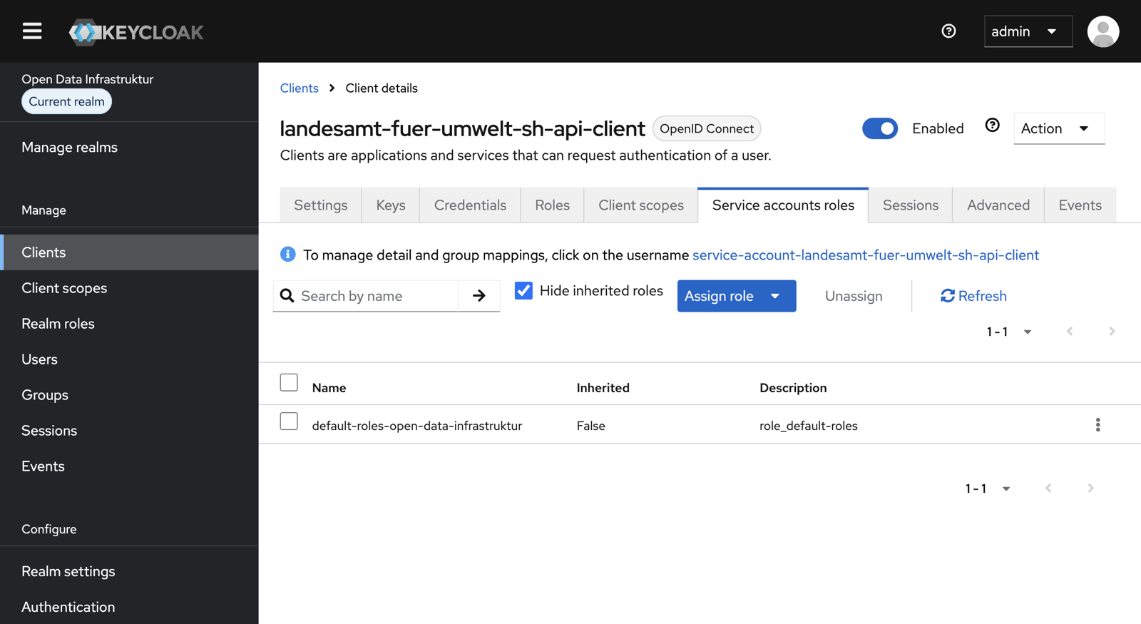 Tab „Service accounts roles“ mit dem Link zum Service-Account-Benutzer