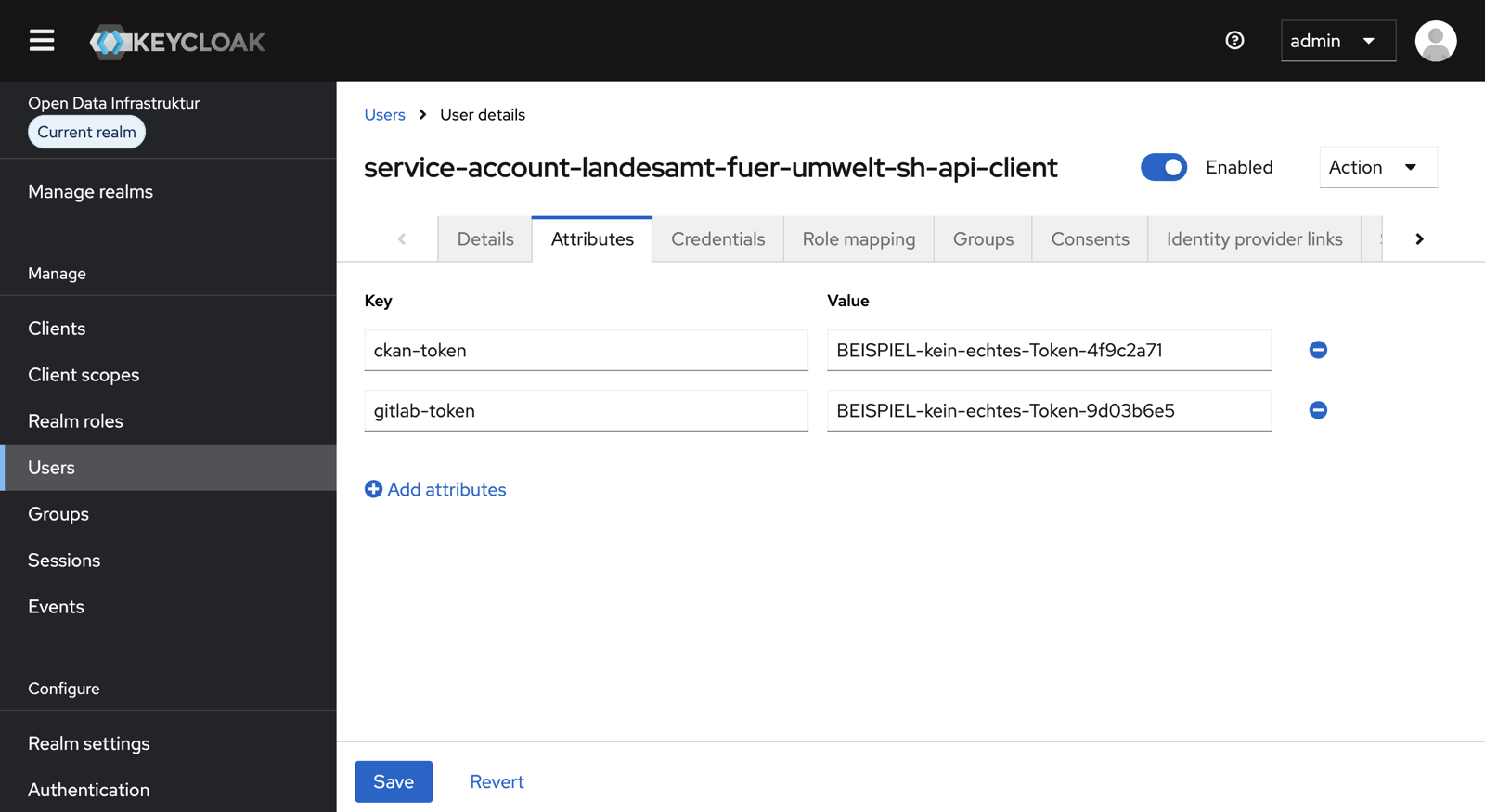 Tab „Attributes“ des Service-Account-Benutzers mit den Attributen ckan-token und gitlab-token